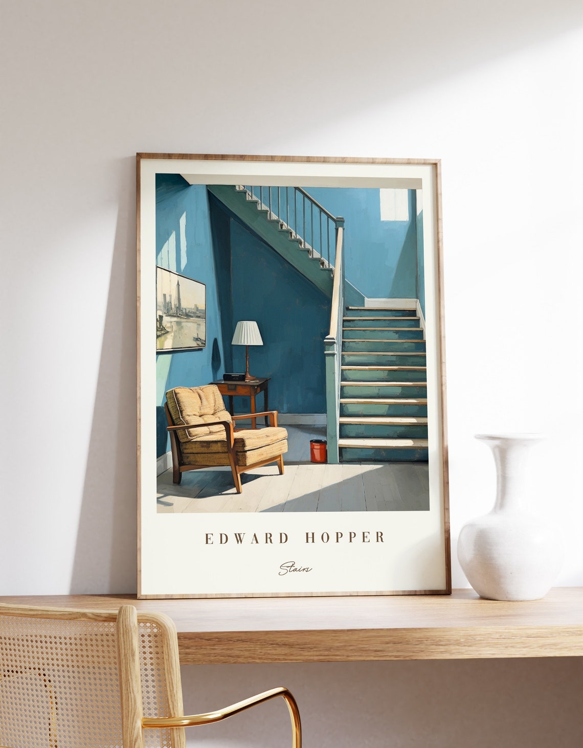 Edward Hopper Style Blue Staircase Sunlit Interior Armchair Art Poster