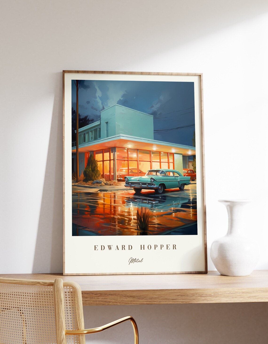 Edward Hopper Motel Night Neon Vintage Cars Classic Painting Poster
