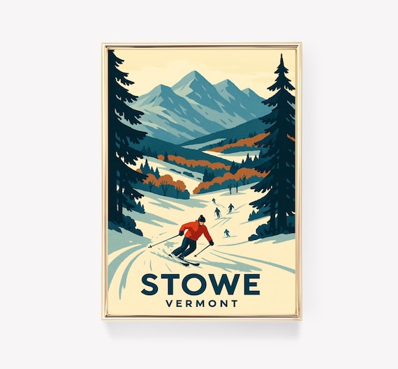 Stowe Vermont Skier Descending Snowy Slope Vintage Ski Poster