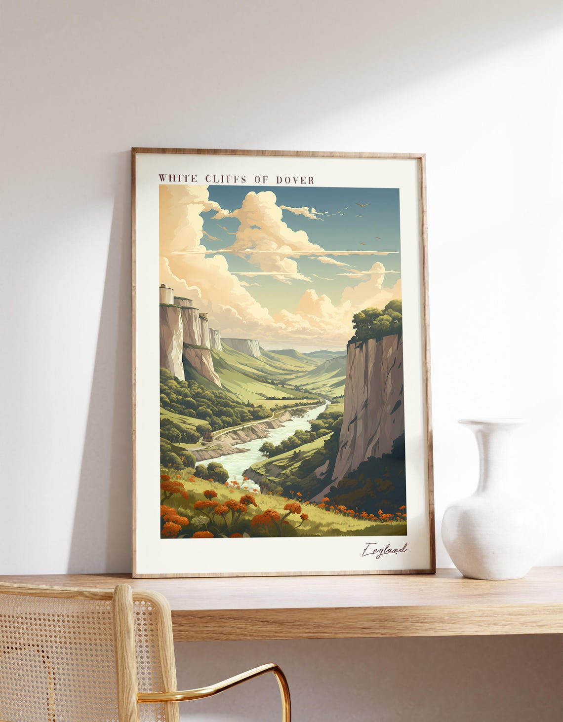 White Cliffs of Dover England Green Valley Poppy Fields Travel Poster