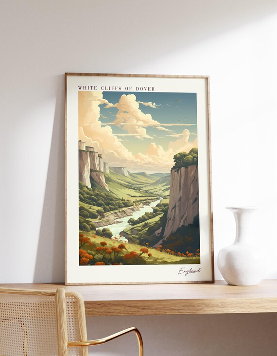 White Cliffs of Dover England Green Valley Poppy Fields Travel Poster