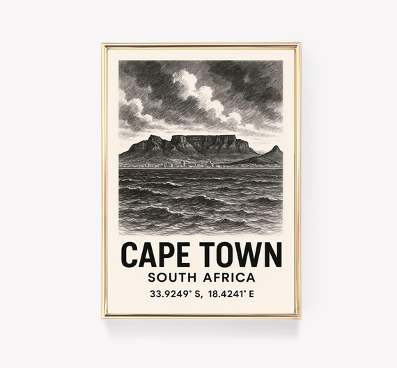 Cape Town South Africa Table Mountain Engraving Style Travel Poster