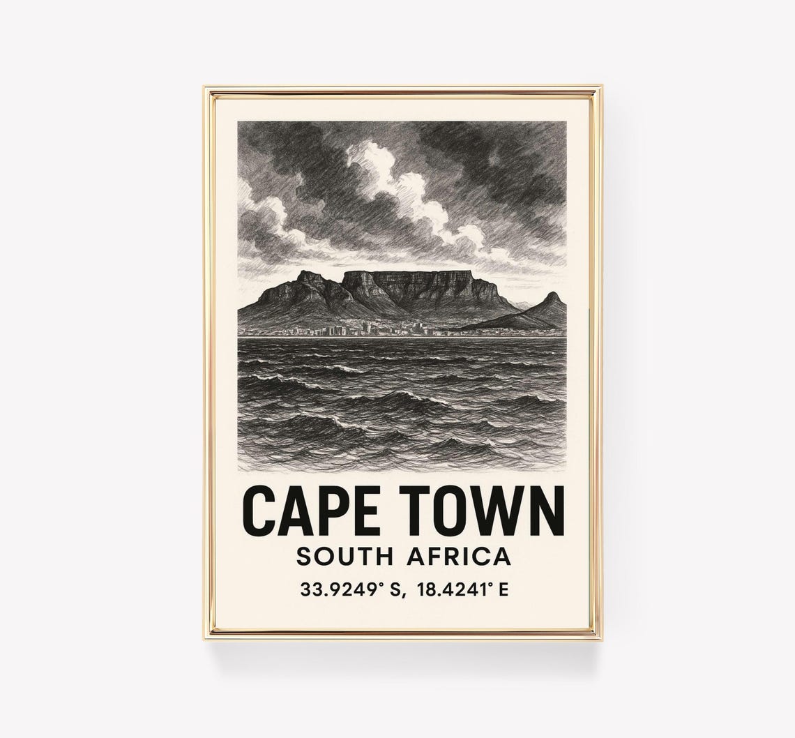 Cape Town South Africa Table Mountain Engraving Style Travel Poster