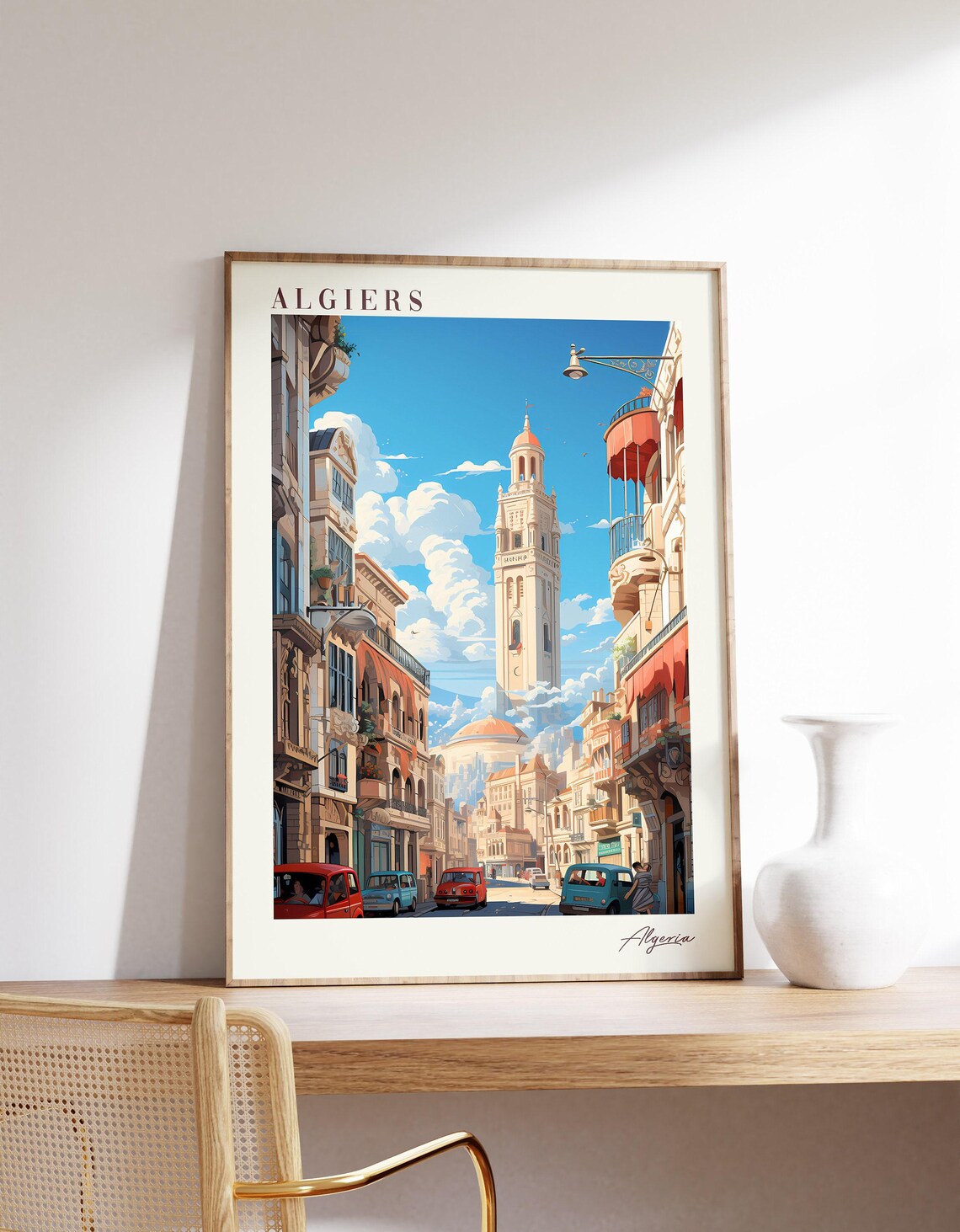 Algiers Algeria Travel Poster Old Town Street Vintage Cars Tower