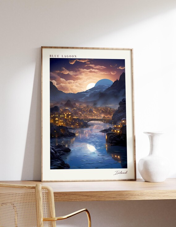Blue Lagoon Iceland Moonlit Waters Geothermal Night Travel Poster