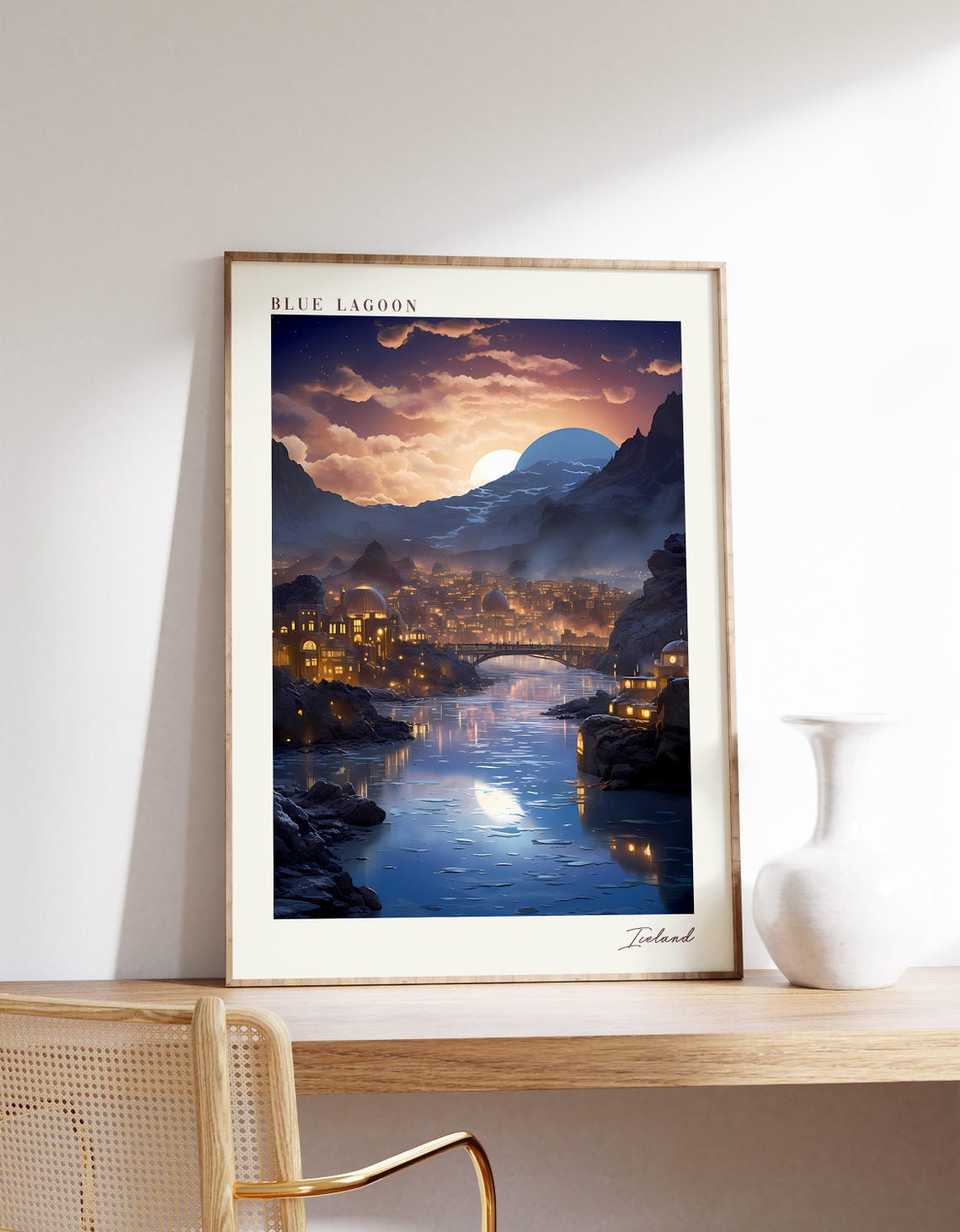Blue Lagoon Iceland Moonlit Waters Geothermal Night Travel Poster