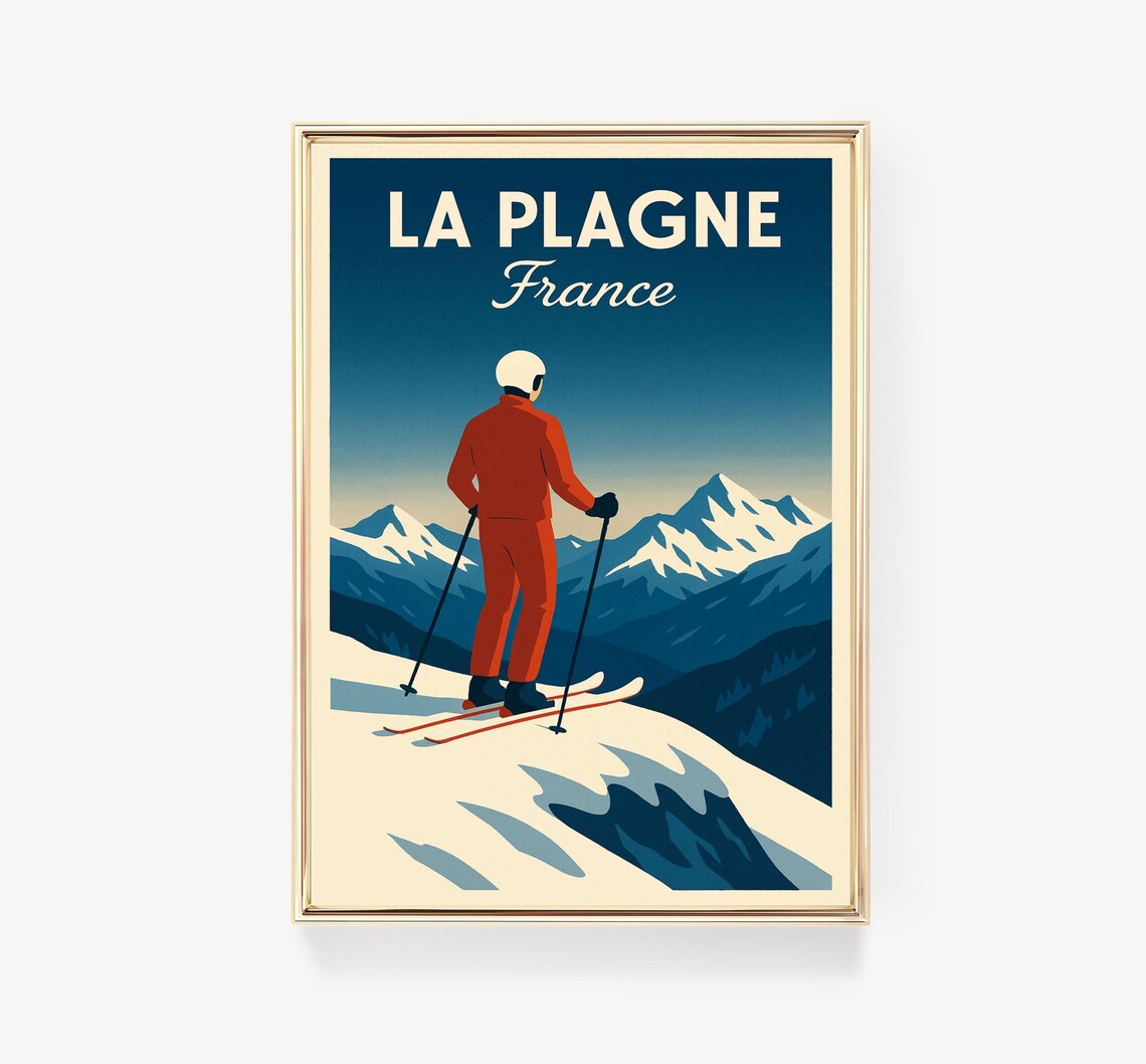 La Plagne France Red Skier On Snowy Peak Retro Ski Travel Poster