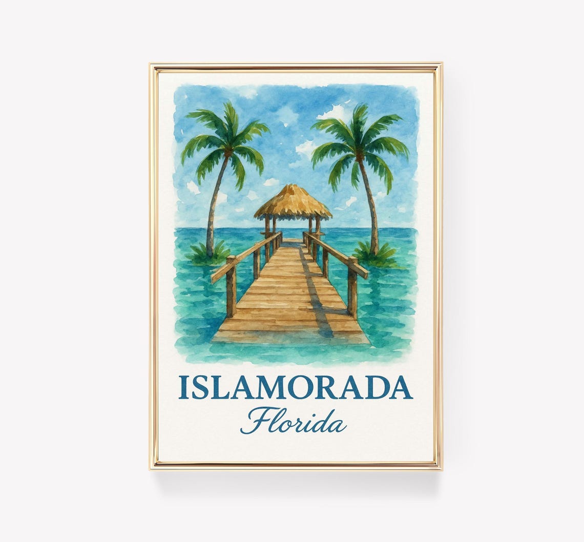 Islamorada Florida Tiki Hut Pier Palms Watercolor Beach Poster