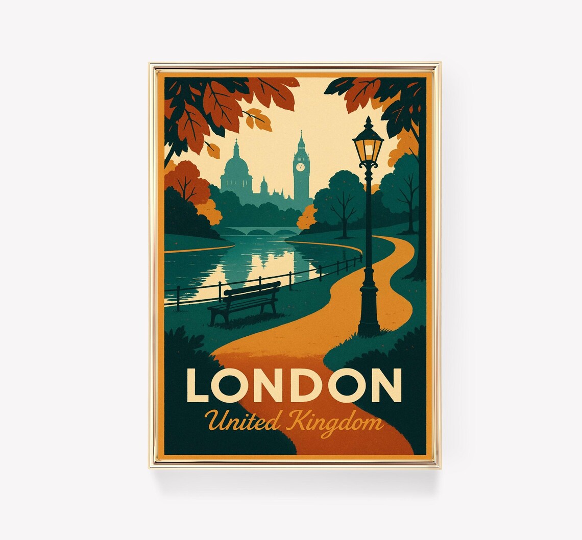 London United Kingdom Vintage Travel Poster Big Ben Park Autumn