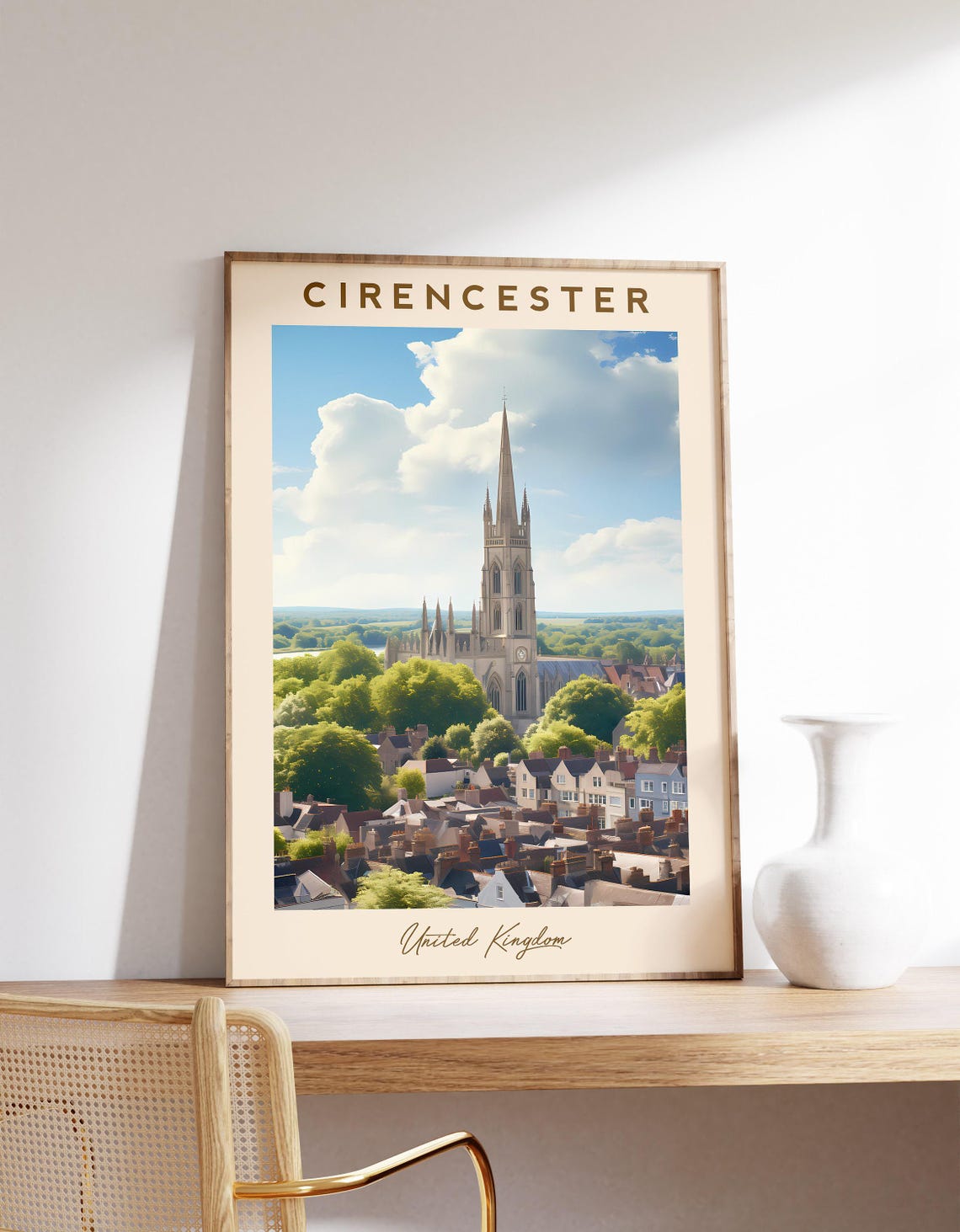 Cirencester England Church Tower Old Town Rooftops Golden Sky Poster
