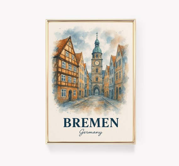 Bremen Germany Old Town Watercolor Clock Tower Travel Art Poster