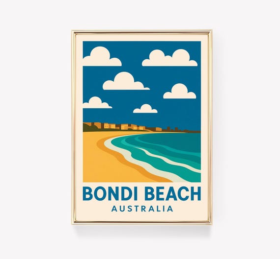 Bondi Beach Travel Poster Australia Wall Art Vintage Print Coastal Decor House Gift