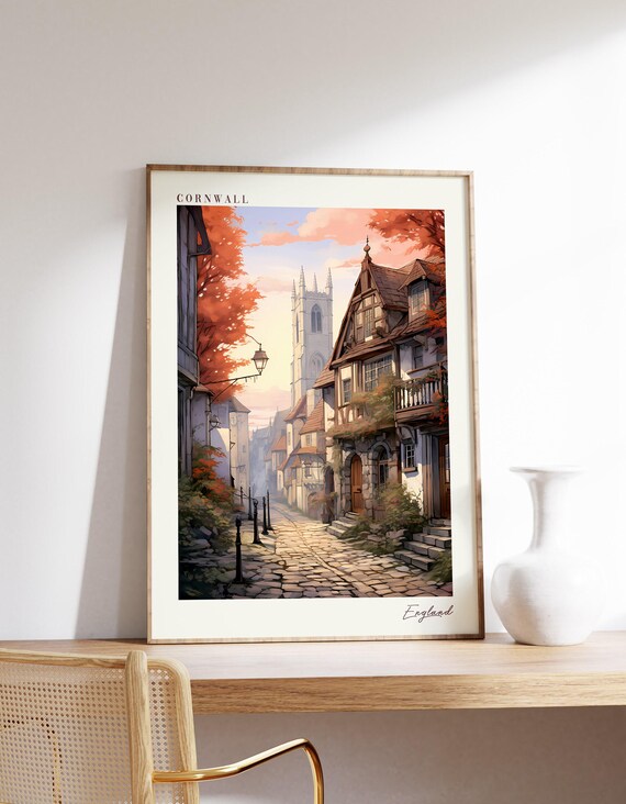Cornwall England Cobblestone Old Street Church Village Poster