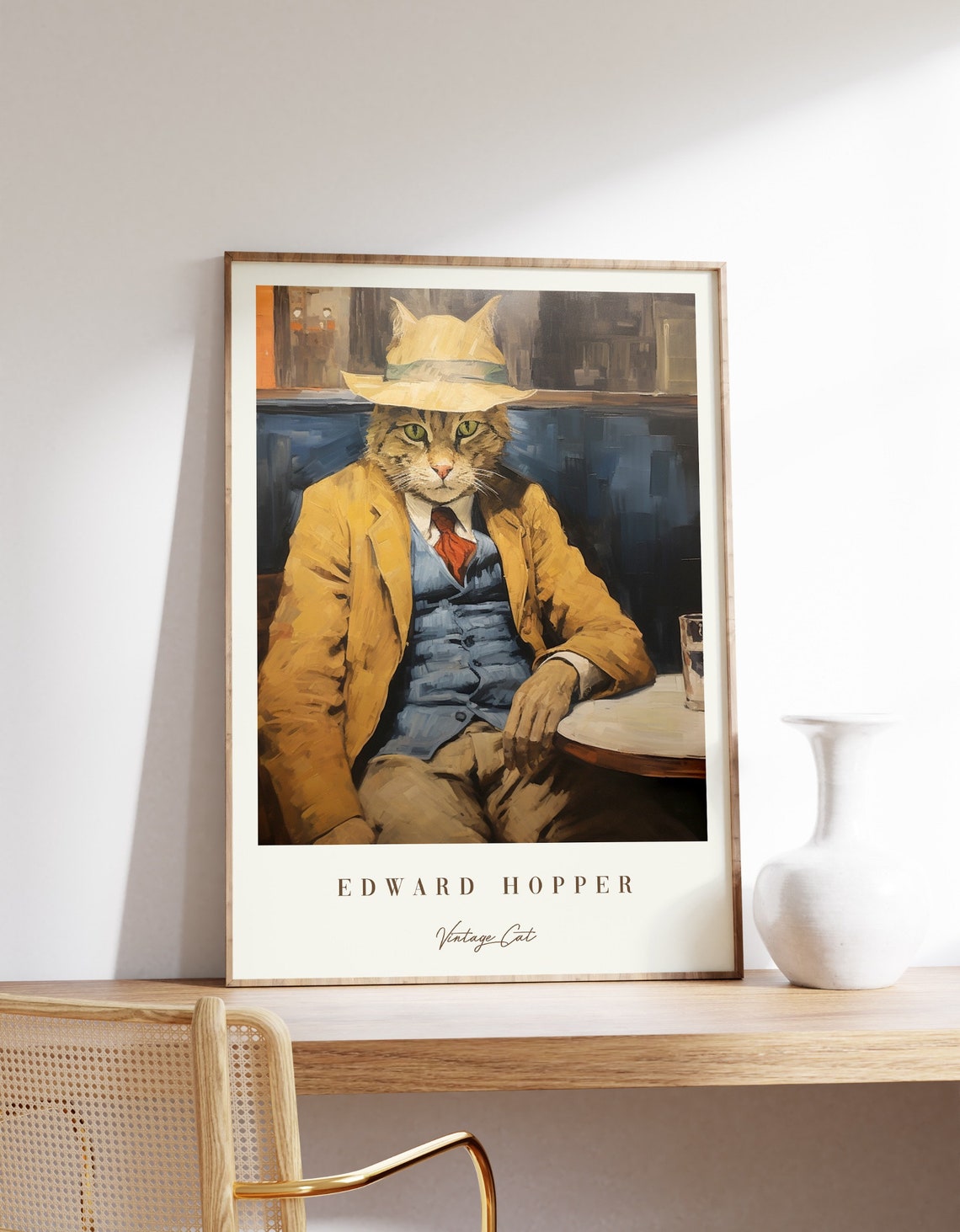 Edward Hopper Style Vintage Cat in Suit and Boater Hat Art Print