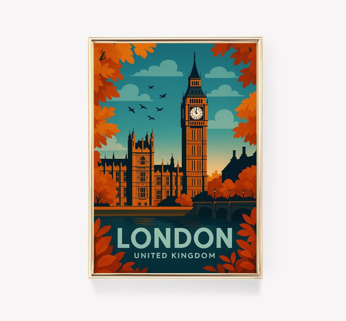 London United Kingdom Big Ben Vintage Travel Poster Autumn Cityscape