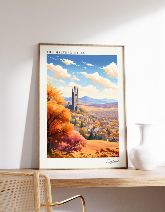 The Malvern Hills England Autumn Landscape Vintage Travel Poster