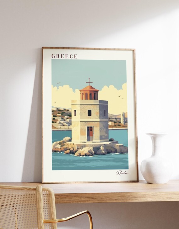 Rhodes Greece Travel Poster Historic Stone Tower Island Sea View Art