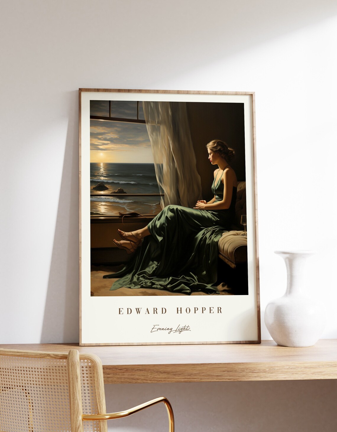 Edward Hopper Evening Light Woman Green Gown Ocean Window Art Poster