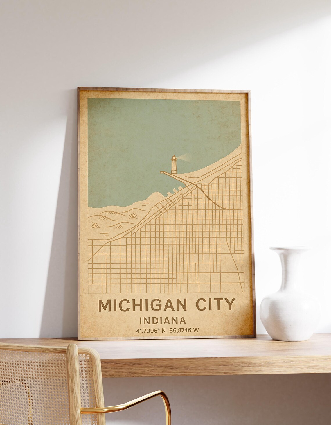 Michigan City Lighthouse Map Art Indiana Poster Lake Wall Decor Coastal Midwest Print