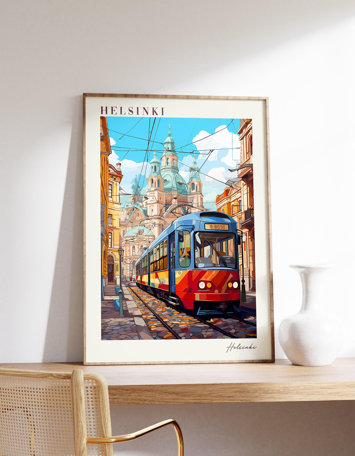 Helsinki Finland Colorful Tram Historic Street Church Travel Poster