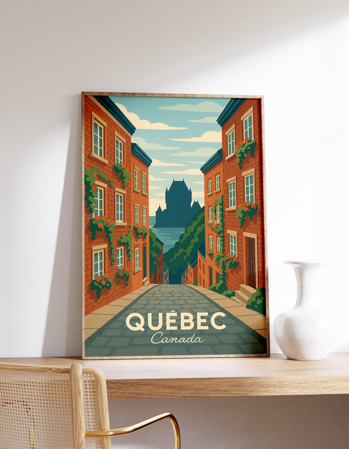 Quebec Canada Old Street Chateau Frontenac Vintage Travel Poster