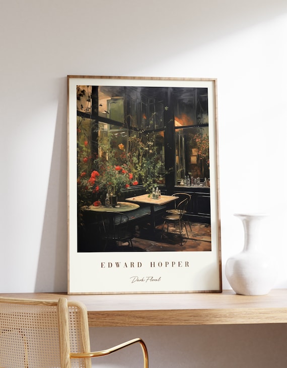 Edward Hopper Style Dark Floral Moody Night Cafe Painting Print