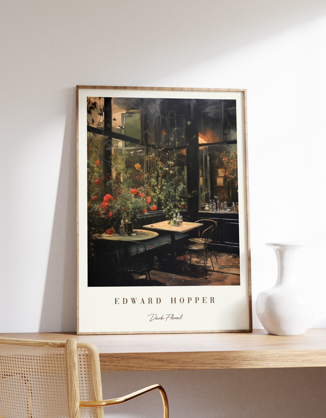 Edward Hopper Style Dark Floral Moody Night Cafe Painting Print