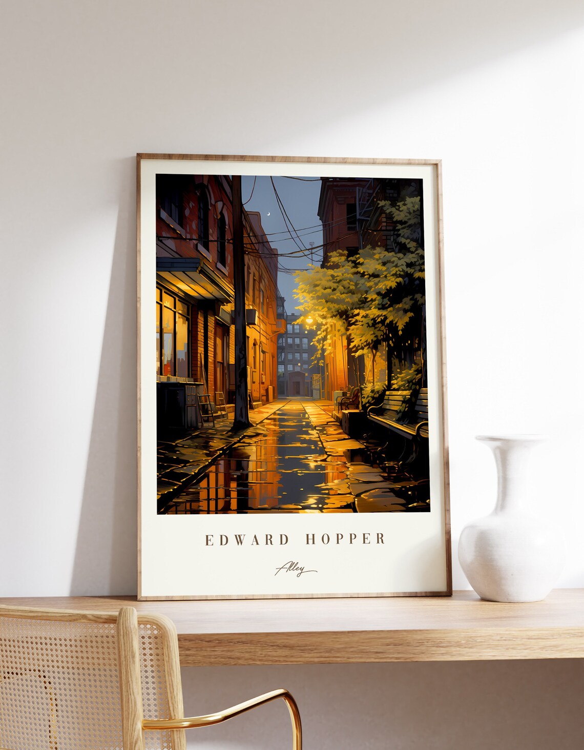 Edward Hopper Alley Rainy Night Street Golden Light Painting Poster
