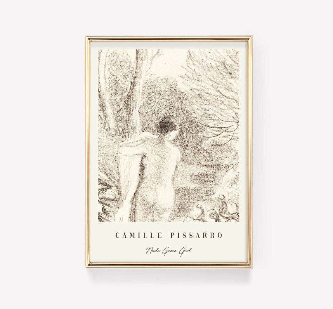 Camille Pissarro Nude Goose Girl Vintage Pencil Sketch Figure Poster