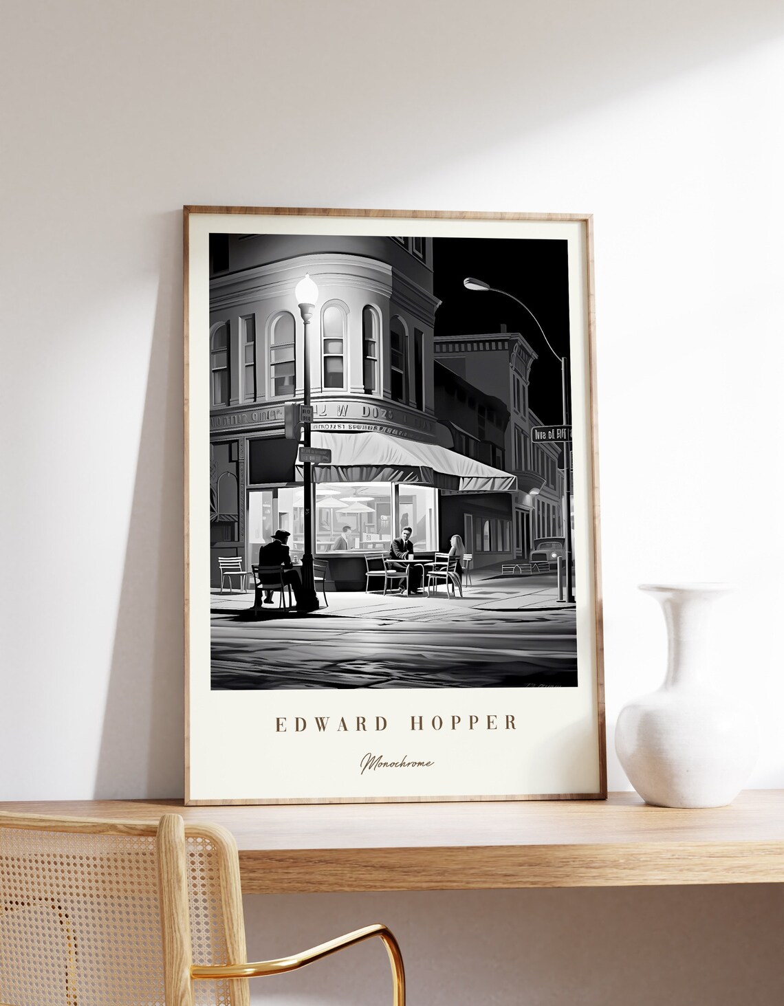 Edward Hopper Style Monochrome Night Diner City Street Corner Poster
