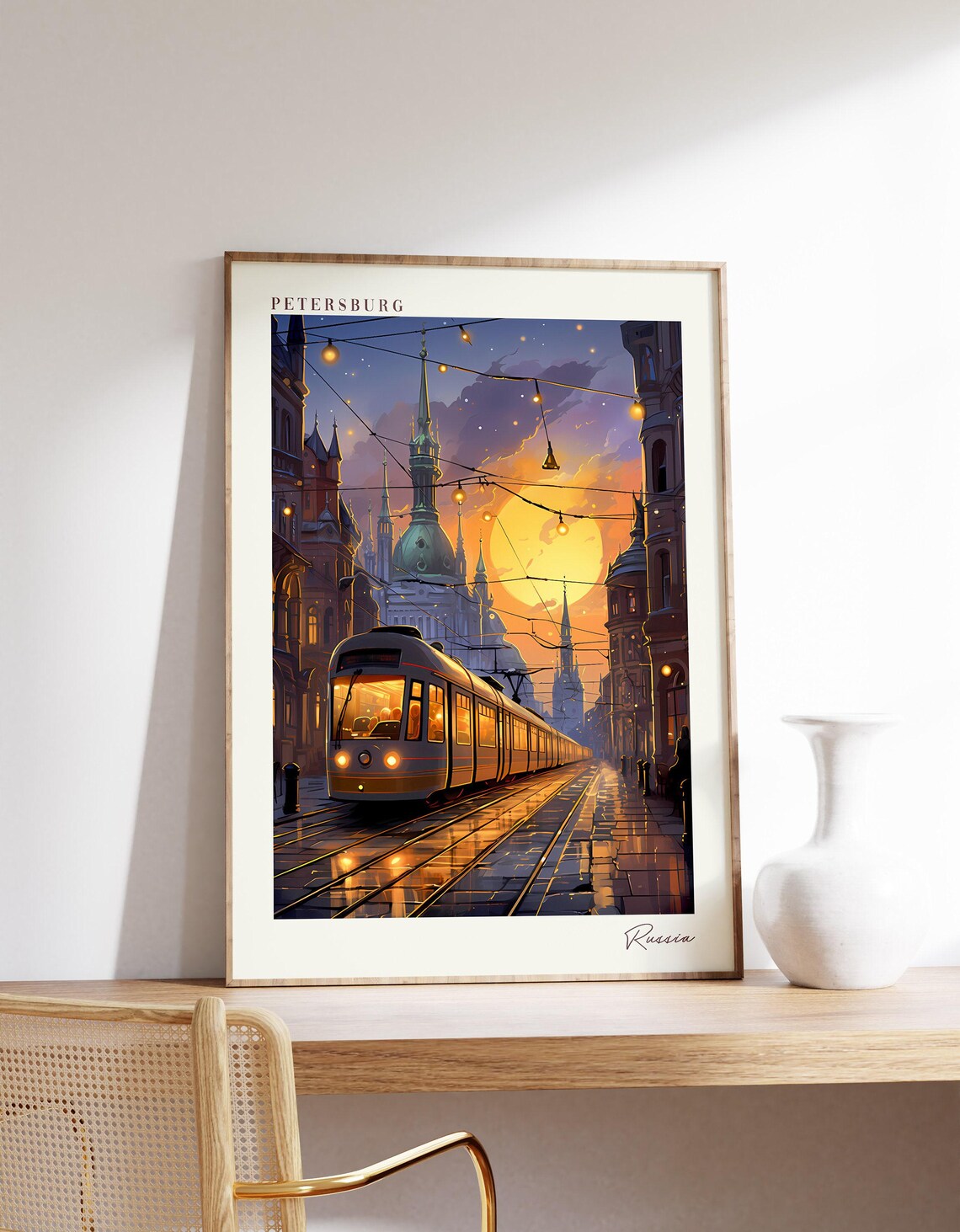 Petersburg Russia Travel Poster Night Tram Street Sunset Artwork