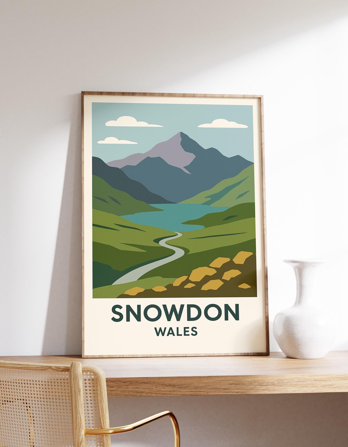 Snowdon Wales Retro Mountain Lake Landscape Travel Art Poster