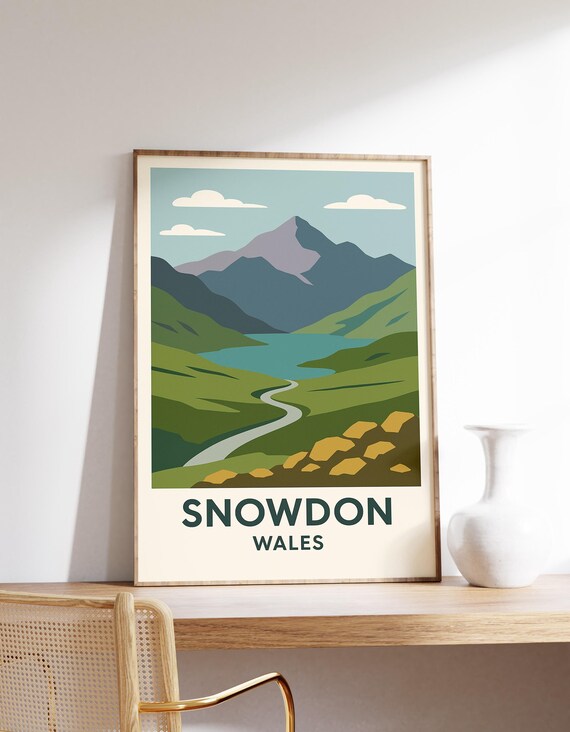 Snowdon Wales Retro Mountain Lake Landscape Travel Art Poster