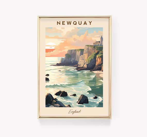 Newquay England Coastal Cliffs Sunset Beach Vintage Travel Poster
