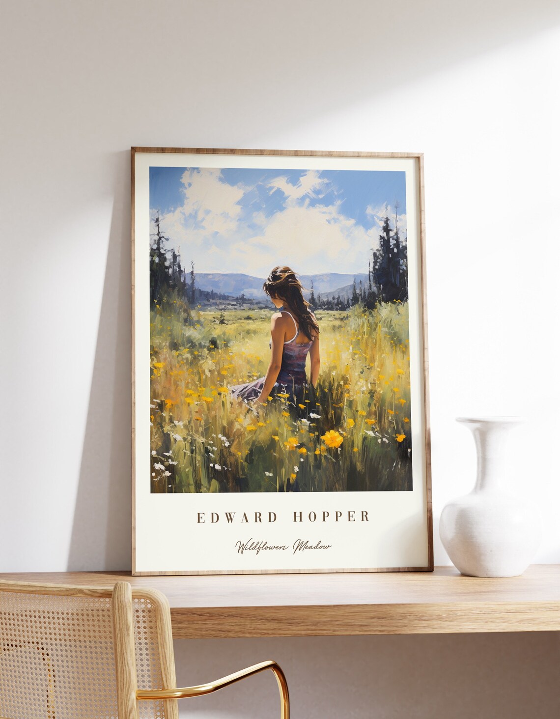 Edward Hopper Style Woman in Wildflower Meadow Mountain Art Print