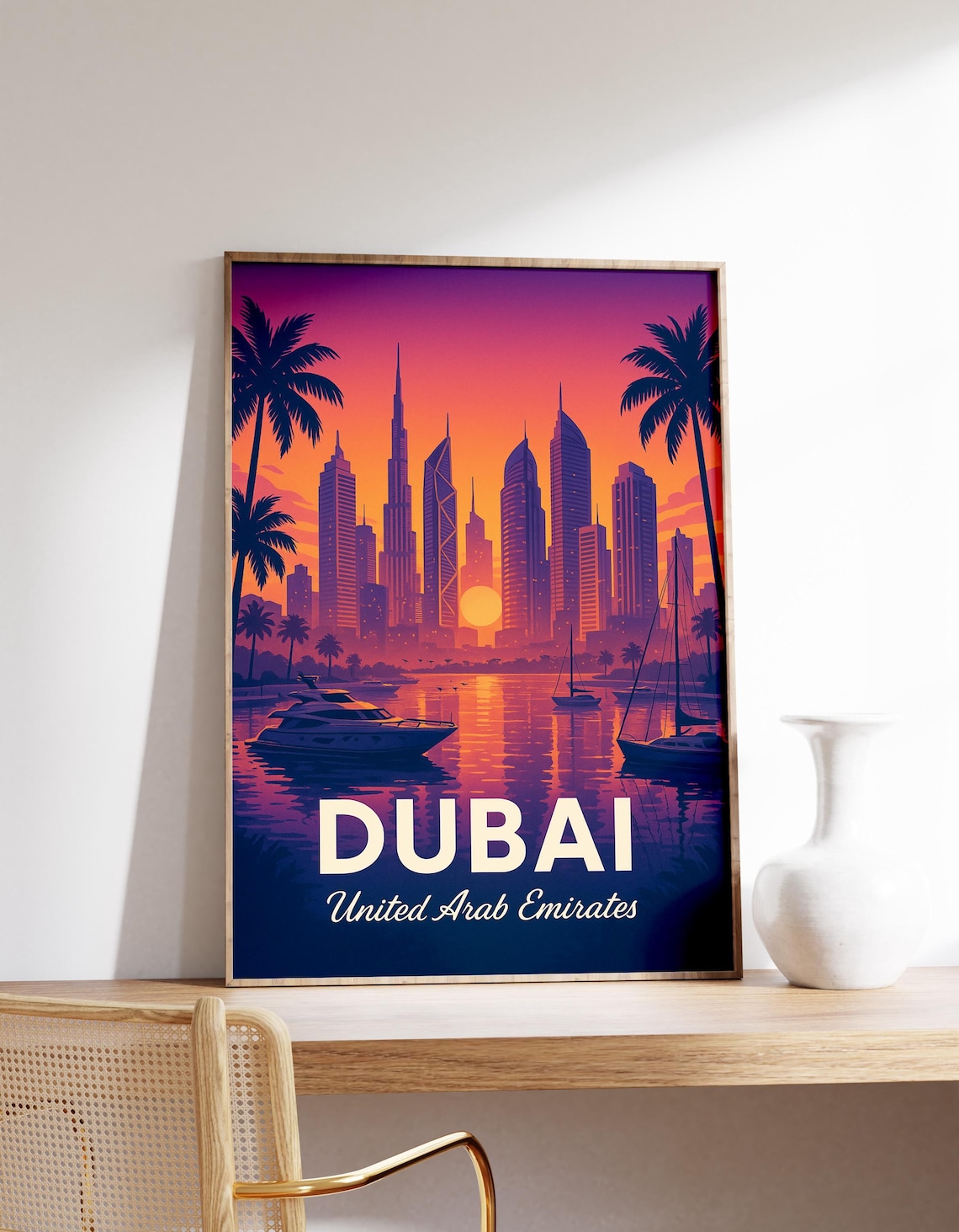 Dubai United Arab Emirates Sunset Skyline Marina Silhouette Poster