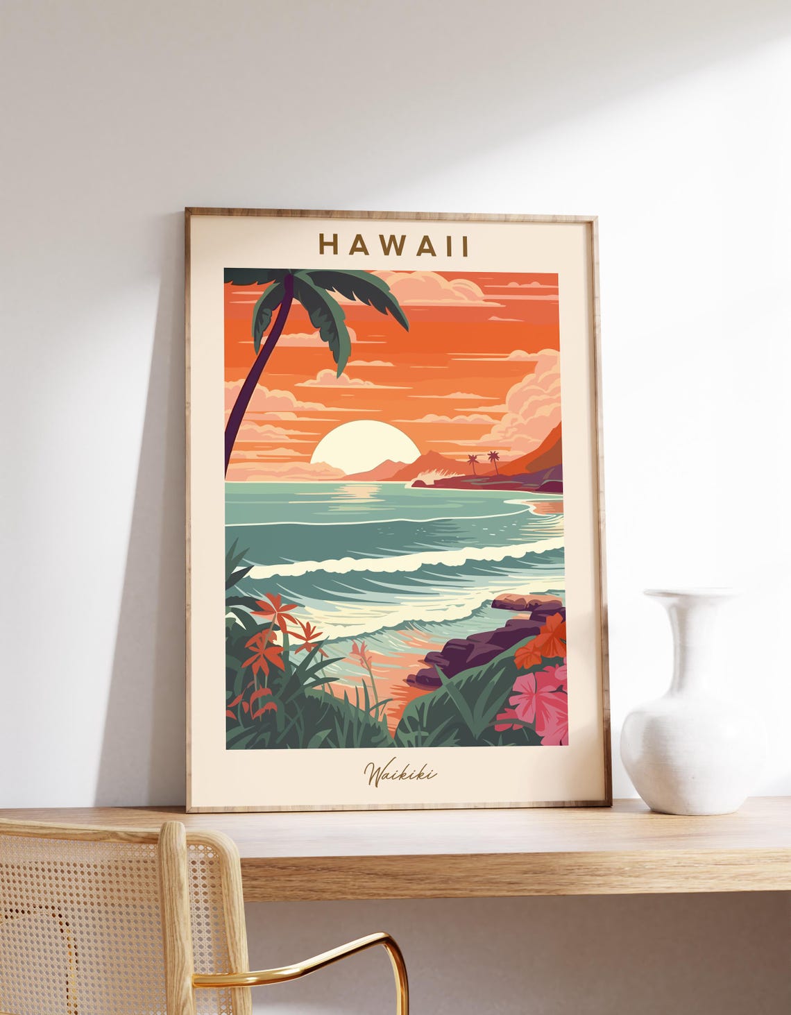 Hawaii Waikiki Beach Sunset Palm Trees Vintage Travel Poster
