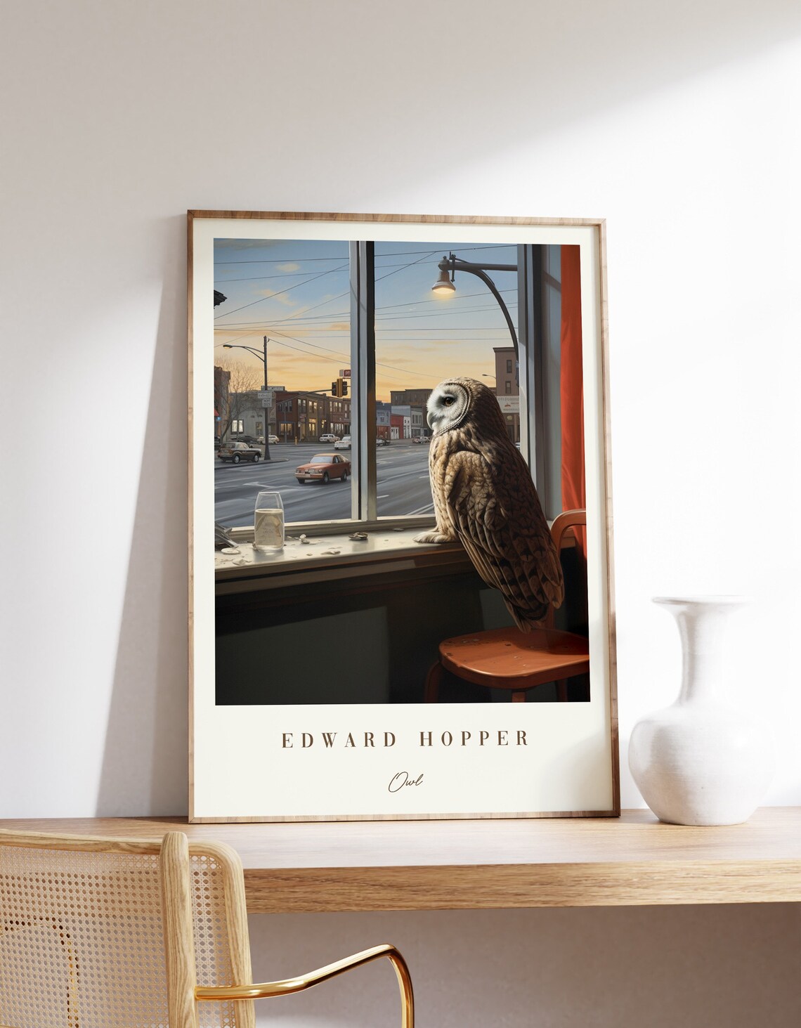 Edward Hopper Style Owl on Diner Stool Watching City Street Poster