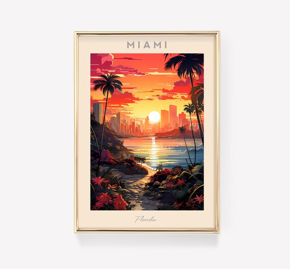 Miami Florida Sunset Skyline Palm Beach Ocean Coast Travel Poster