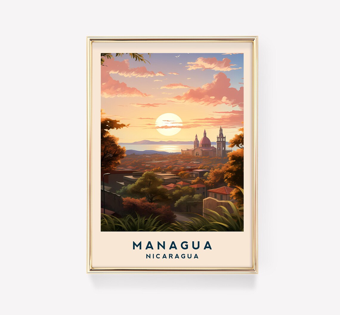 Managua Nicaragua Sunset Cathedral City Skyline Travel Poster