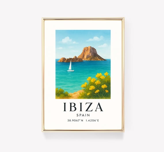 Ibiza Spain Rocky Island Sailboat Sea Watercolor Travel Poster