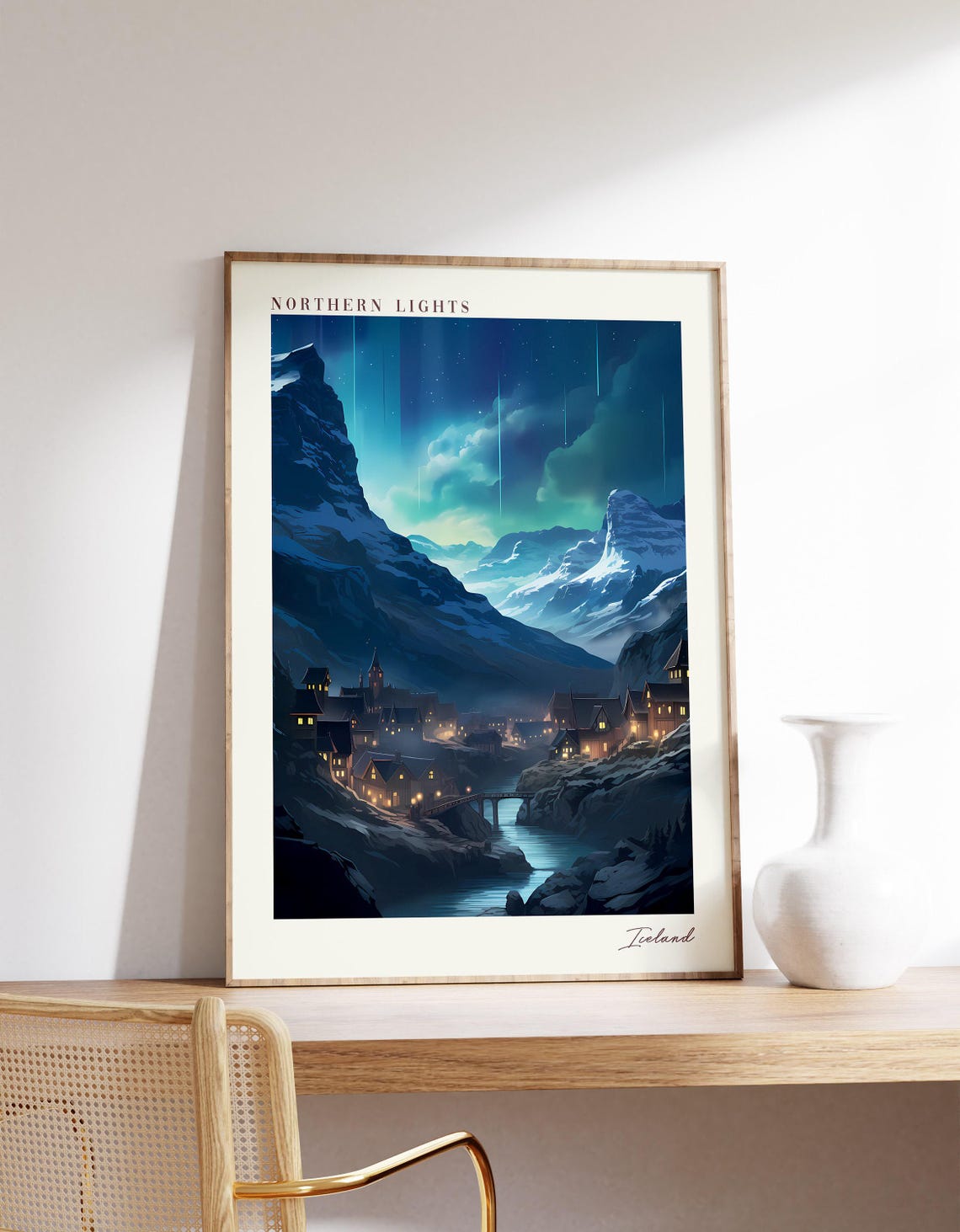 Northern Lights Iceland Snowy Mountain Village Aurora Night Poster