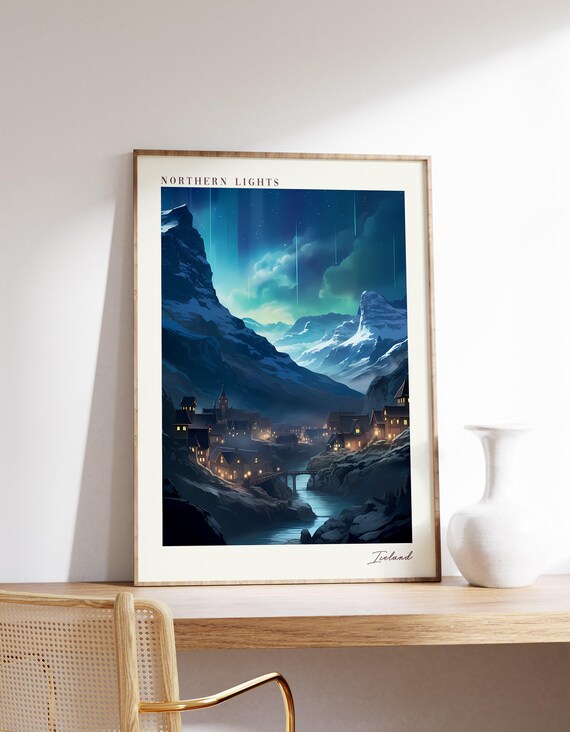 Northern Lights Iceland Snowy Mountain Village Aurora Night Poster