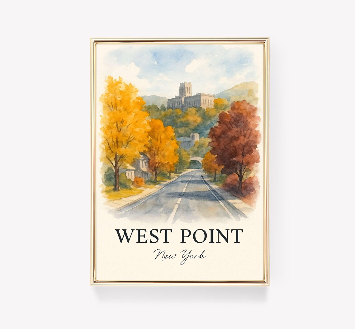 West Point New York Autumn Fall Road Watercolor Travel Poster