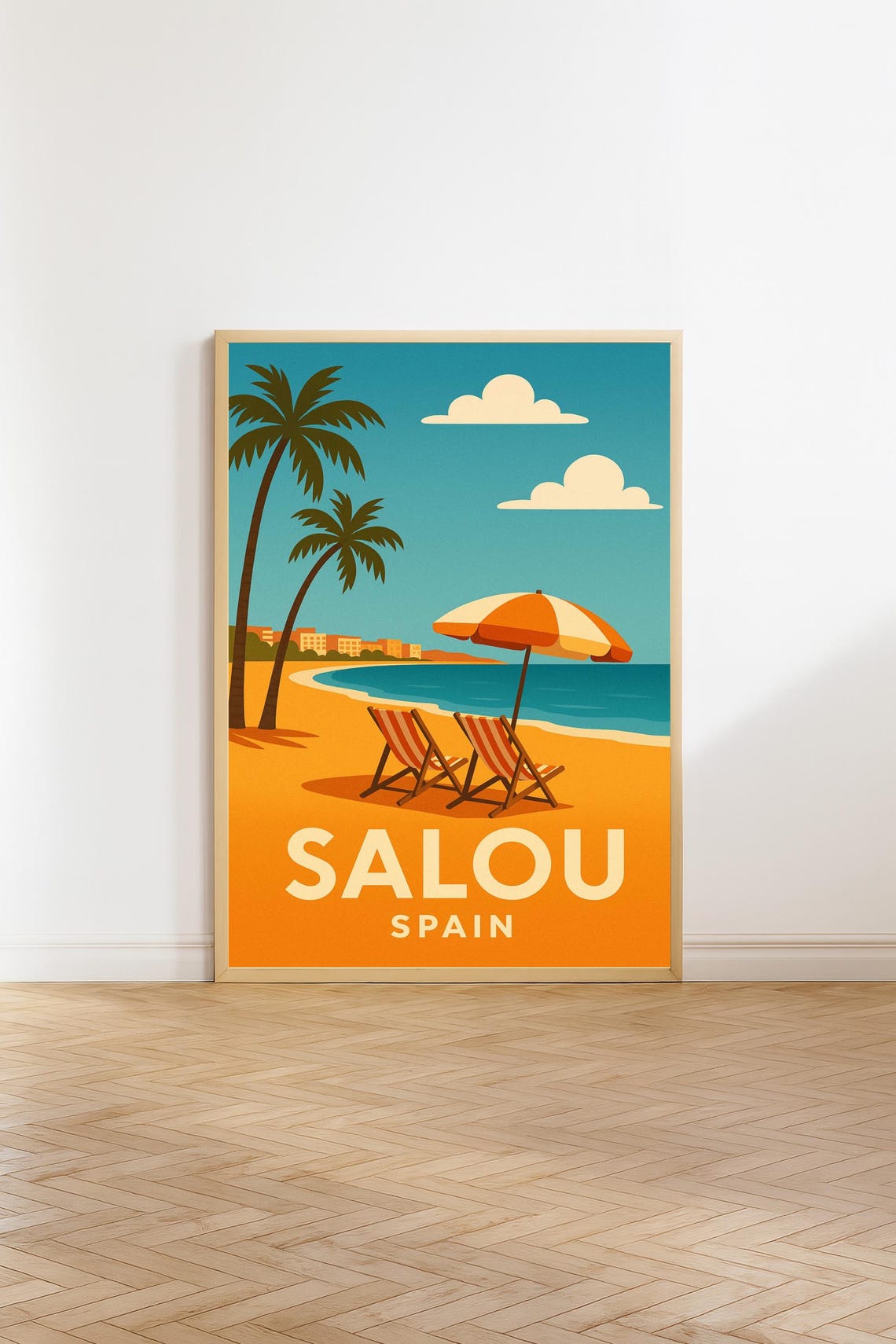 Salou Spain Golden Beach Chairs Retro Seaside Vacation Poster