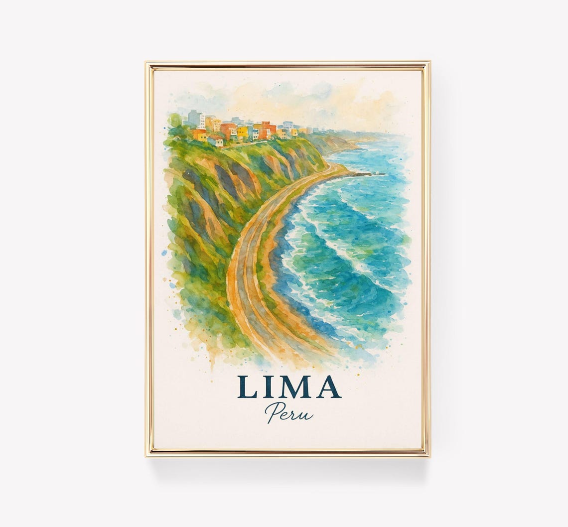 Lima Peru Watercolor Coastal Cliffs Malecon Seaside Scene Poster