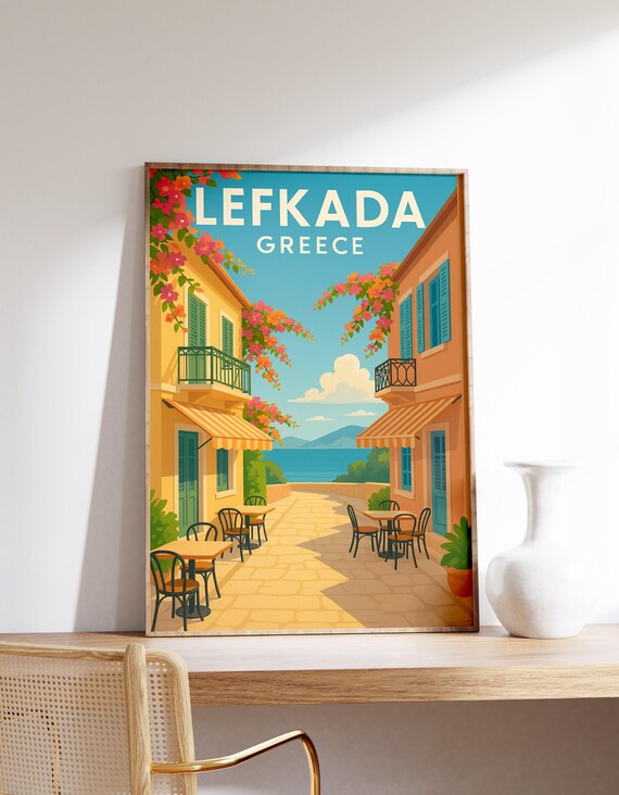 Lefkada Greece Island Street Bougainvillea Vintage Travel Poster