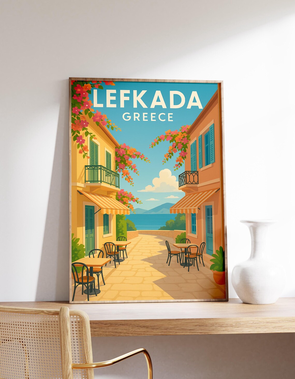 Lefkada Greece Island Street Bougainvillea Vintage Travel Poster