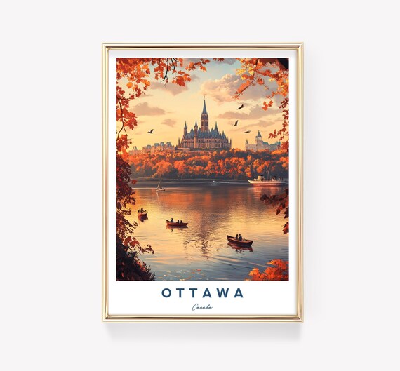 Ottawa Travel Poster Canada Cityscape Art Parliament Hill Print Autumn In River Scene Fall Colors Decor Canadian