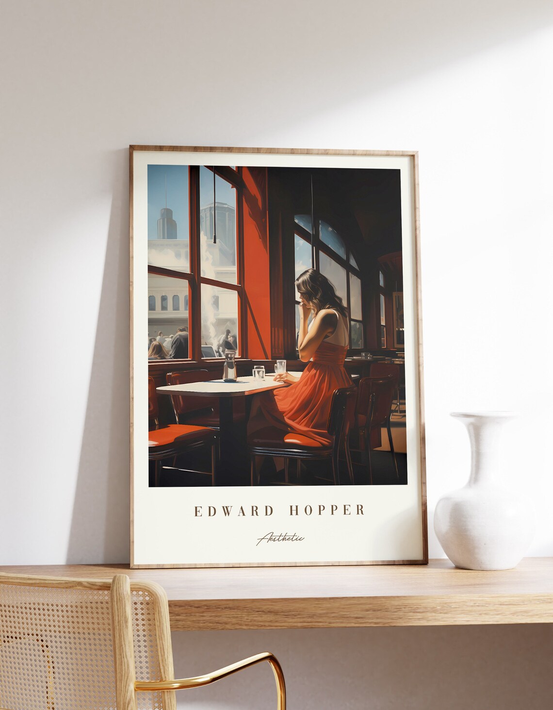 Edward Hopper Aesthetic Woman Red Dress Diner Window City Scene Art Poster